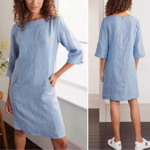 Boden Laurie 100% Linen Blue Chambray Two Pockets Shift Dress, Size 12L - Picture 2 of 12